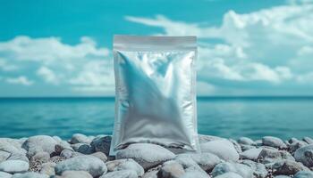 White light glossy food plastic bag snack mockup on podium rock and ocean water background photo