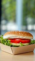 Fresh vegetable sandwich on brown paper box food packaging and vertical background photo