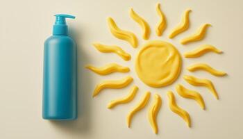 Blank blue plastic bottle pump mockup cream liquid moisturizer container with sun shaped cream with white background photo