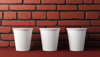Coffee drink on paper cups on display and red brick wall background photo