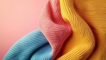 Knit pink, blue and yellow wool blanket cozy warm on winter pattern fashion trendy photo