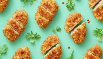 Chicken katsu fried fries slice crunchy meal for lunch, pattern solid background photo