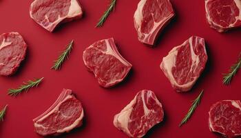 Beef steak meat slice for barbecue arranged pattern with red solid background photo