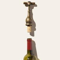 Minimal top view vintage corkscrew with uncorked cork and glass bottle for red wine, concept design for wine list on beige background. Bottle-screw or opener with shadows at sunlight, copyspace photo