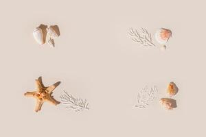 Seashells and starfish with shadows on beige pastel background at sunlight. Summer vacation concept. Nautical pattern. Modern flat lay shells, sea stars, stones minimal style design card photo