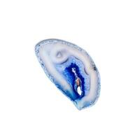 Cross section of blue agate crystal isolated on white background, natural slice mineral stone macro closeup, agate crystal surface, beautiful gemstone top view. Precious stone bright color photo