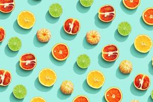Citrus fruits as bring summer food pattern, grapefruit, orange, tangerine, lemon, lime, red orange with shadow at sunlight on mint background. Healthy fresh fruit food concept. Flat lay photo