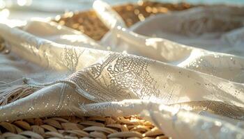 White and Beige Fabric Texture with Lace Detail photo