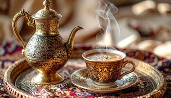 Golden Coffee Set on Ornate Tray and Carpet photo