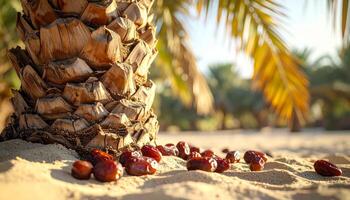 Ripe Dates Scattered on Sand Near Palm Tree Trunk photo