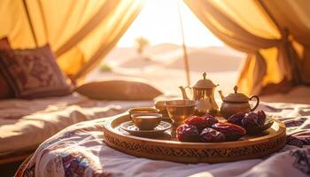 Golden Hour Sunrise in Desert Tent with Tea and Dates photo