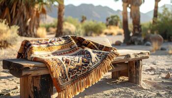 Woven Throw Blanket on Rustic Wooden Bench in Desert photo