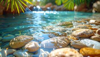 Clear Water Flows Over Smooth Stones in a Tropical Setting photo