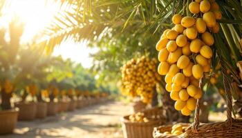 Ripe Yellow Dates Hanging on Palm Trees in Sunny Orchard photo