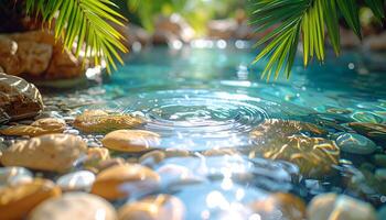 Clear Water Stream with Rocks and Sunlight in Tropical Setting photo