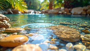Clear Water Pool with Smooth Stones and Sunlight photo