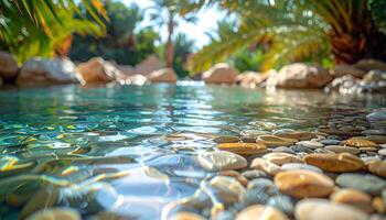 Clear Turquoise Water Pool with Smooth Stones and Palm Trees photo
