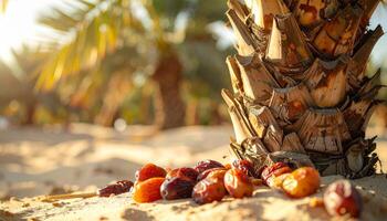 A Ripe Dates Scattered on Sand Near Palm Tree Trunk photo