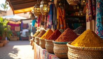 Colorful Spices in Woven Baskets at a Sunny Market photo