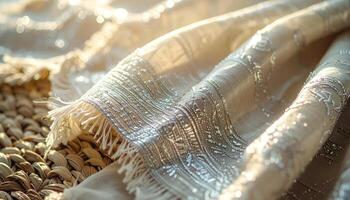 Beige Fabric Draped with Subtle Pattern in Sunlight photo