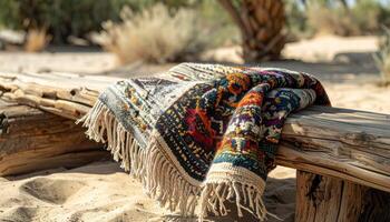 Colorful Woven Rug on Rustic Wooden Bench in Desert Setting photo
