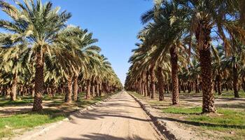 Sunlit Path Through Rows of Palm Trees in a Desert Oasis photo