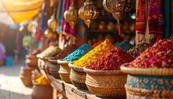 Colorful Spices in Wicker Baskets at a Moroccan Market photo