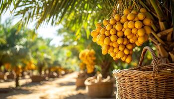 Ripe Yellow Palm Fruits Hanging on Tree in Orchard photo