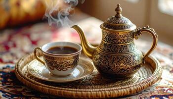 Ornate Gold Teapot and Coffee Cup on a Tray photo