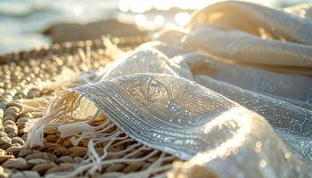 Beige Shawls Draped on a Beach at Sunset photo