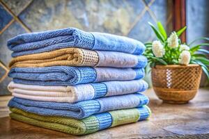 Neatly blue folded stacks of kitchen buth towels,fabrics,tablecloths,curtains photo