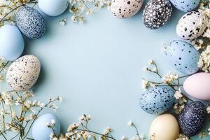 Happy Easter. Stylish Easter Eggs And Spring Flowers Border, Top View, Flat Lay Background photo