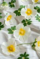 White Primrose Flowers, Green Clover Leaves on White Cloth, Minimalist Floral Background photo