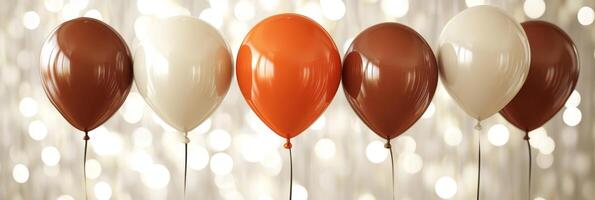 Five Brown And Cream Balloons Over A White Bokeh Background, Festive Celebration Or Party Concept. photo