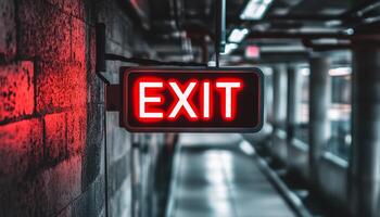 Vibrant Red Exit Sign Illuminates a Dark, Industrial Hallway, Providing Guidance and Safety photo