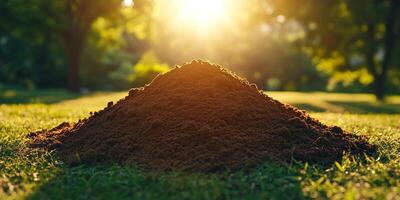 A Small Mound of Rich, Dark Soil Rests on a Lush Green Lawn, Bathed in the Golden Glow of Sunset. photo