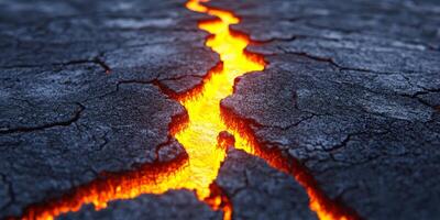 Molten Lava Cracks, Solidified Black Volcanic Rock, Bright Orange Lava, Extreme Close Up photo