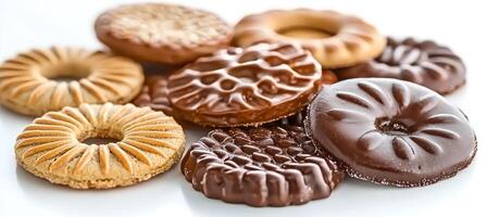 Chocolate, shortbread and ring biscuits, in a pile together in variety shapes, isolated on white photo