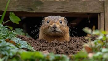 A small brown and white groundhog peeking out from a hole photo