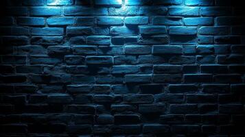 Dark Blue Illuminated Brick Wall Background With Rough Texture, Abstract Urban Design Element photo