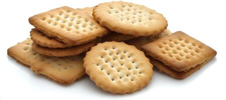 Pile of delicious fresh baked square and round biscuits isolated on a white background. photo