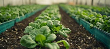Rows of Vibrant Green Spinach Growing in Greenhouse, Organic Farming and Sustainable Agriculture photo