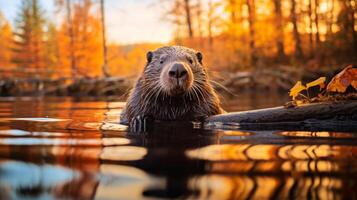 A beaver is swimming in the water photo