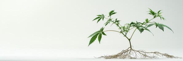 Cannabis Seedling with Delicate Root Structure - Detail Closeup on White Backgrckground photo