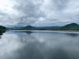view of mangrove conservation area with mountains in the background photo