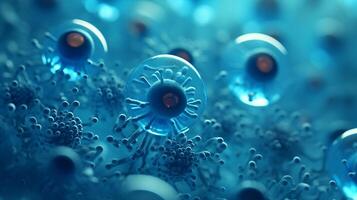 Bacteria and virus cells. Microscopic blue bacteria. Placebo close up. health science. Virus in the microscope photo