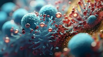 Close up of bacteria and virus cells, Health science, Virus in the microscope. Health care and medicine concept photo
