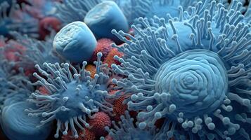 Virus or bacteria cells. Cocci bacteria and virus cells. Microscopic blue bacteria. Placebo close up. health science. Virus in the microscope. Healthcare and medicine Concept photo