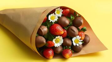 Sweet bouquet of chocolate covered strawberries in a paper package on yellow background with white flower decor photo