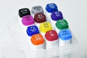 Top view colorful markers with caps on white background photo
